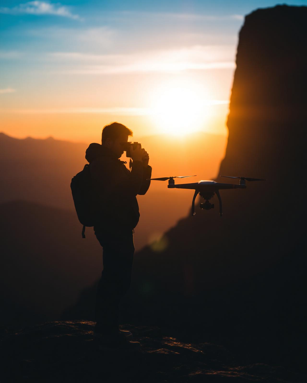 Photographer with drone silhouetted at sunset