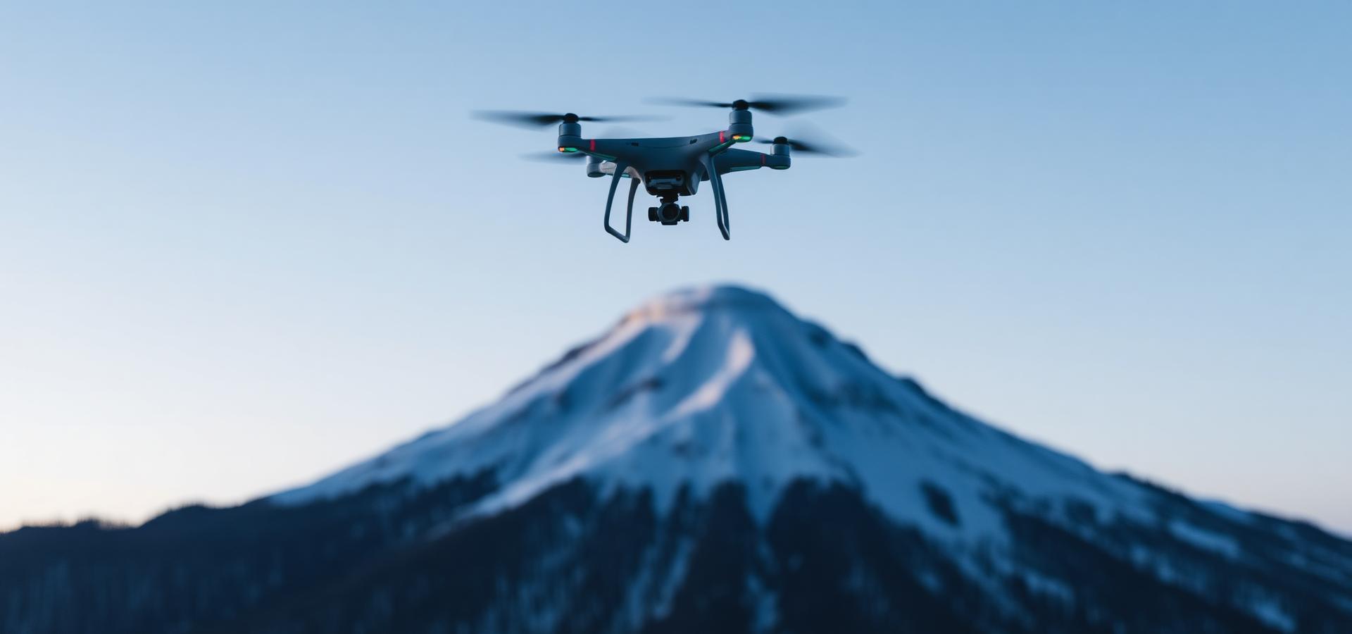 Drone hovering over a snowy mountain peak